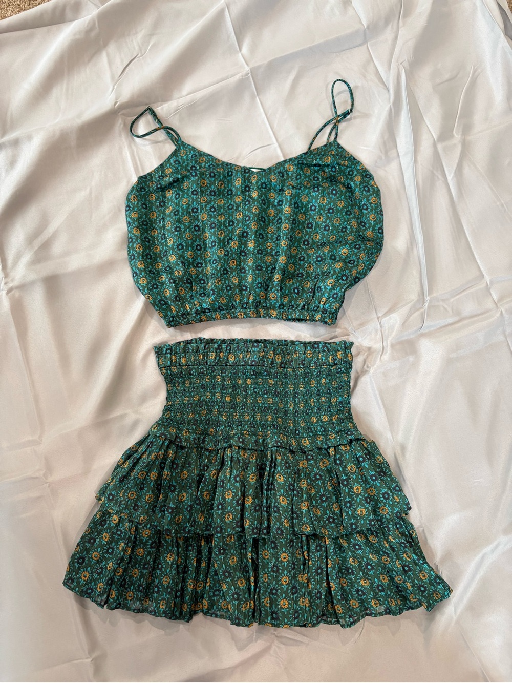 Teal Floral Smocked Tiered Skirt Set - Women's